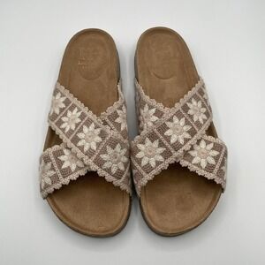 Haute Hippie Crochet Floral Cross Strap Slide Sandals Tan Cream Boho Womens 10M